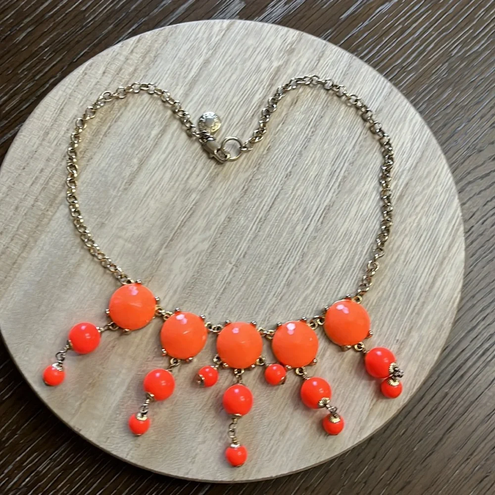 J.Crew bright orange beads with gold tone  statement necklace 9.5”